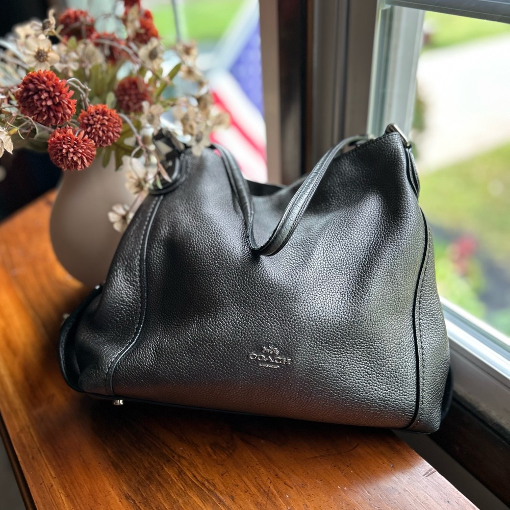 Coach Edie Pebbled Leather Shoulder Bag Metallic Gunmetal 87399